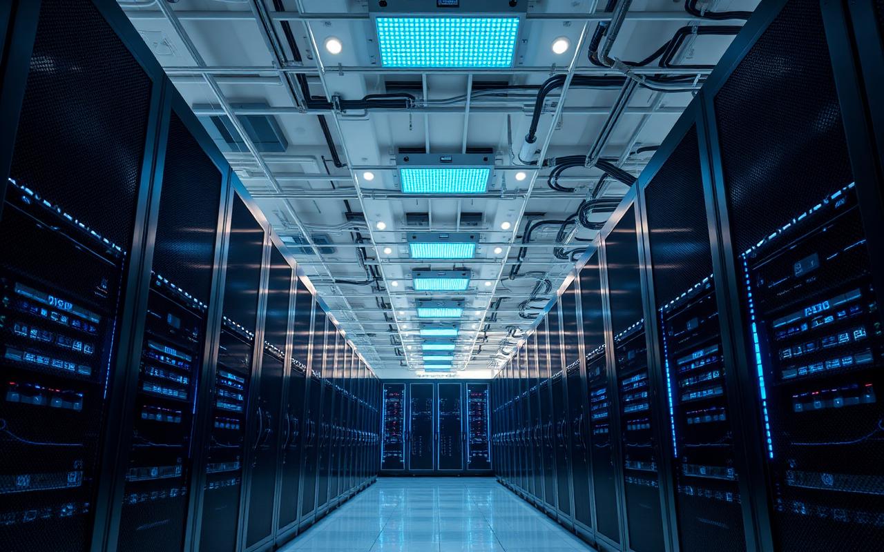 Modern data center server hall with blue ambient lighting