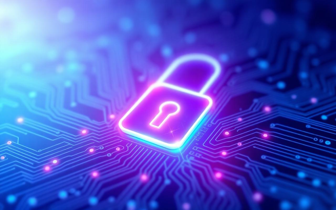 Glowing padlock representing cybersecurity on a circuit board