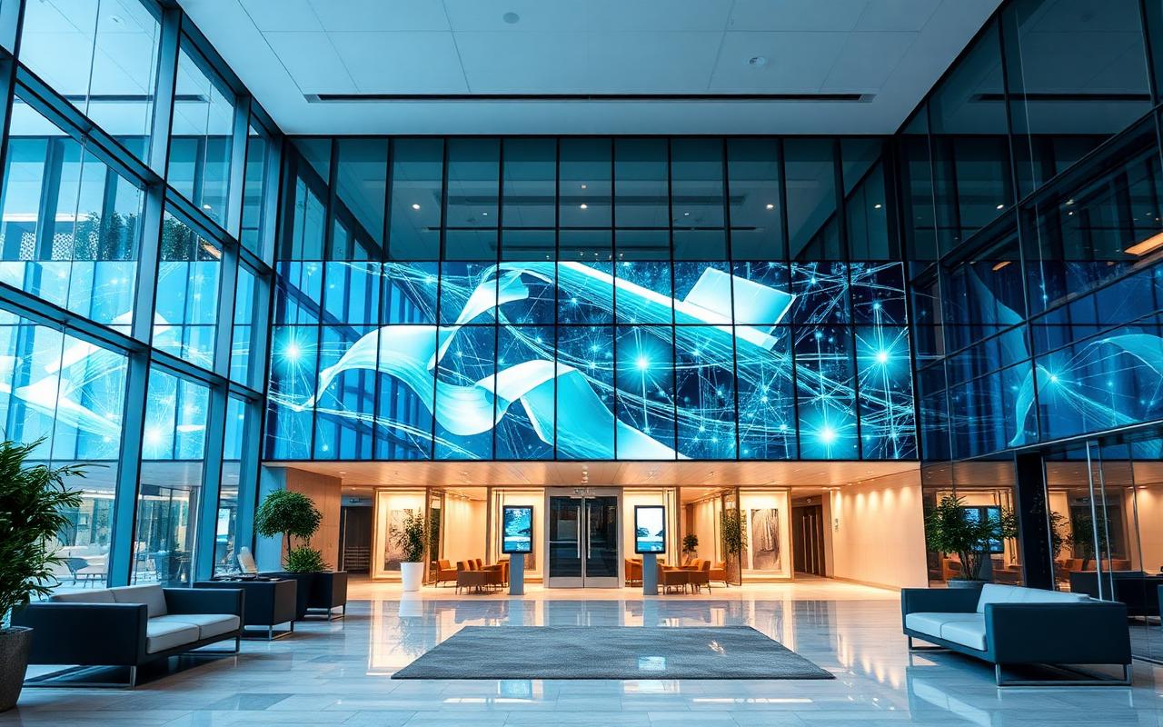 Modern corporate office lobby with technology video wall