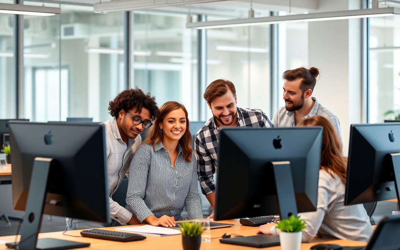 Software engineering team collaborating in a bright office